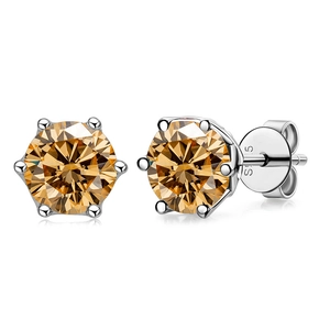 Detailed view of champagne moissanite silver earrings in classic six-claw setting