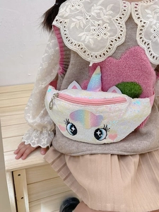 Kids unicorn waist bag with sequins and rainbow embroidery worn by child model