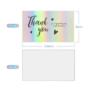 Laser rainbow Thank You cards for small business with heart pattern and 3.5x2 inch size info