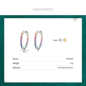 Rainbow cubic zirconia hoop earrings in 925 sterling silver for women, 17mm diameter