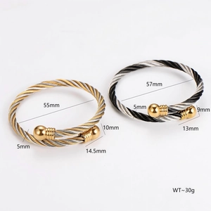 Twisted cable stainless steel cuff bracelets set with polished beads and size markings