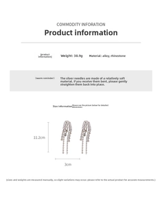 Detail view showing dimensions of long drop tassel earrings with rhinestones and alloy