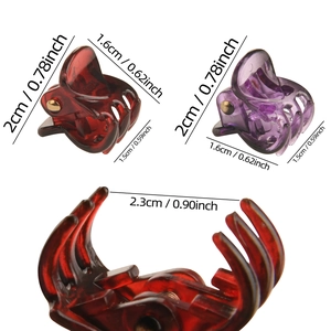 Mini plastic hair claw clips for kids in purple and red with size dimensions