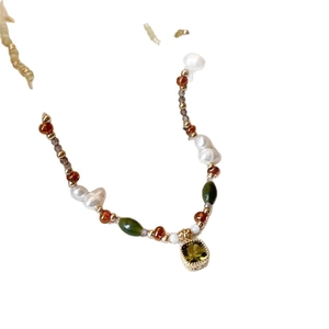 Handmade freshwater pearl necklace with green zircon square pendant in 18k gold plating
