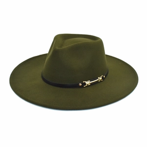 Close-up of dark green fedora with black leather band and gold metal buckle detail
