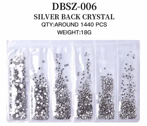 Flatback silver crystal nail art rhinestones in a 6-grid organizer box, 1440 pieces