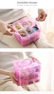Three-layer pink translucent jewelry box with portable handle and tiered organizers