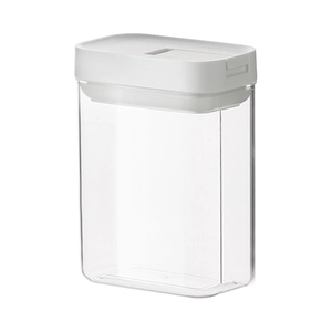 Transparent food storage container with white lid and air vent for kitchen organization