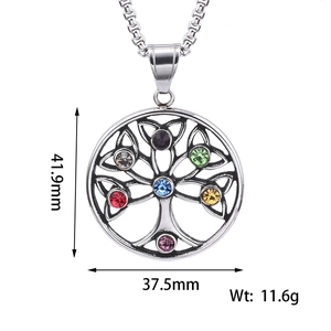 Detailed view of Viking Tree of Life pendant with colorful zircons and size measurements