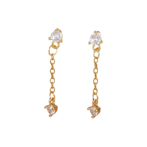 Elegant gold chain drop earrings with sparkling round zircon stars and moons on white background