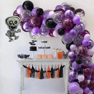 Halloween balloon arch kit with skull balloon, spider web and colorful bat tassels