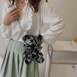 Graffiti Bear Shaped Crossbody Bag PU Leather Streetwear Cartoon Fashion Novelty Bag With Metal Chain Strap
