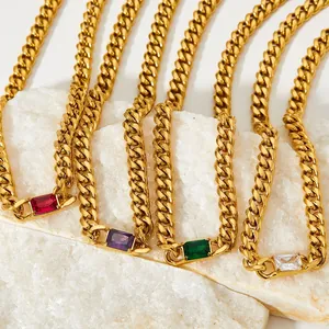 Vintage Stainless Steel Cuban Link Necklace With Rectangular Cubic Zirconia Pendant Minimalist Retro Choker For Women