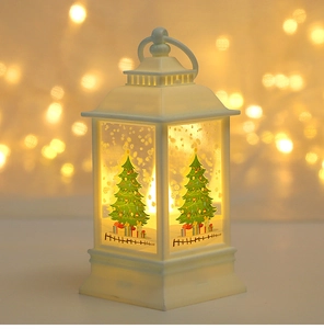 Macro view of white Christmas lantern featuring festive tree prints and warm LED glow