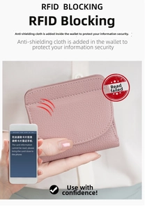 Detail view of pink litchi grain leather wallet showing internal RFID blocking layer technology