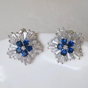 Snowflake zircon stud earrings with blue main stones and silver finish for women