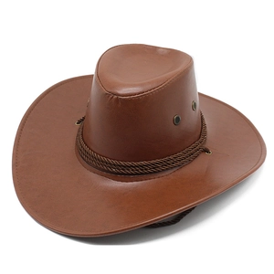 Western Cowboy Hat Vintage Faux Leather Wide Brim Outdoor Jazz Fedora With Braided Band And Adjustable Chin Strap