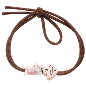 Cute brown elastic hair tie with white resin kitten and pink fish bone pendants