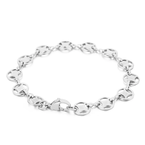 Minimalist silver chain bracelet with hollow geometric circular links and lobster clasp
