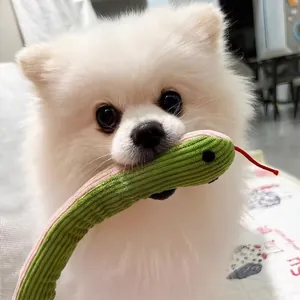 Corduroy plush squeaky snake toy for small dogs and cats, durable teething dog toy