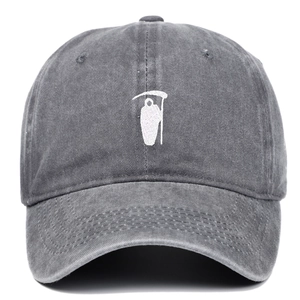 Vintage washed dark grey baseball cap featuring detailed white Grim Reaper embroidery