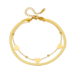 Double-layered gold-plated stainless steel anklet with heart pendants and snake chain