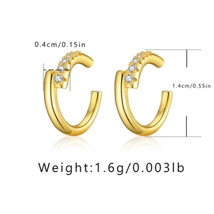 Detail view of 18K gold plated C-shaped ear cuffs with five zircon stones and dimensions