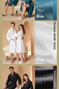 Detail of waffle textured bathrobes in blue, white and black with contrasting trim