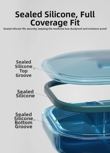 Detailed exploded view of pill box seal structure with green silicone ring and grooves
