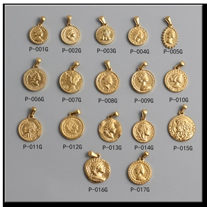 Detail view of 17 styles of 18K gold-plated stainless steel coin pendants with portrait reliefs