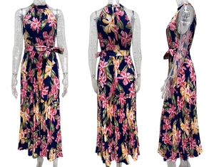 Detailed views showing the front, back and side of this floral halter neck pleated maxi dress