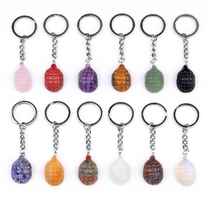Hand grenade shaped natural crystal gemstone keychains set in 12 different colorful minerals