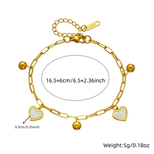 Gold plated stainless steel chain bracelet with white shell heart pendant and beads