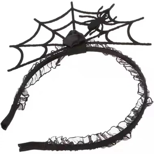 Detail of Halloween headband featuring a black 3D spider on a large decorative web