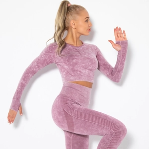Detail view of purple washed seamless yoga set with functional thumbholes and ribbed waistband