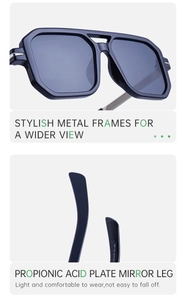 Detailed view of stylish square metal frames and comfortable temples for men's sunglasses