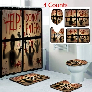 Detail of Halloween bloody handprint shower curtain set with bath mat and toilet covers