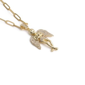 Collana hip hop da uomo con ciondolo angelo in oro e bussola con zirconi scintillanti