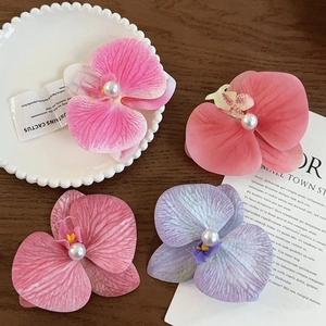 Elegant butterfly orchid hair clips with pearls in four colors on a decorative plate