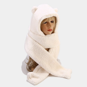 Detailed view of white fluffy teddy bear ear hood scarf set made of plush fleece material