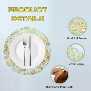 Detailed macro view of golden foil pressed mesh texture on round disposable place mats