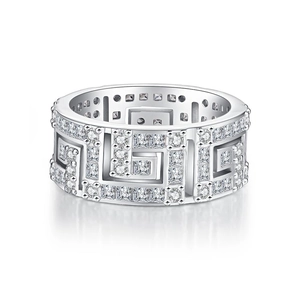 S925 sterling silver geometric pattern wide ring featuring full zircon diamond pavé