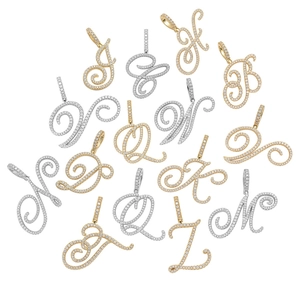 Hip hop cursive letter pendants with 18K gold plating and cubic zirconia in gold and silver