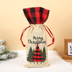 Linen Christmas wine bottle bag with red buffalo plaid trim and drawstring closure