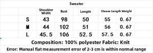 Detailed size chart for women's knitted hoodie with measurements for S, M, and L sizes