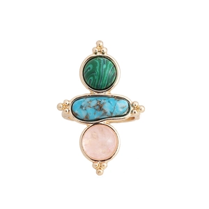 Detail of gold ring set with green malachite, blue turquoise, and pink crystal stones