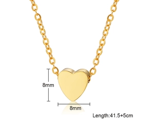 Detailed close-up of 8x8mm gold heart pendant with 41.5+5cm necklace length scale