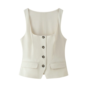 Women Sleeveless Vest Square Neck Button Down Slim Fit Solid Color Polyester Waistcoat Office Lady Tops