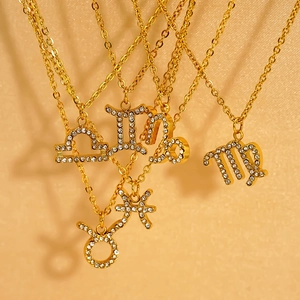Collier Pendentif Signe Du Zodiaque Acier Inoxydable Plaqué Or 18K Zircon Astrologie Bijoux Pour Femmes Hommes Cadeau