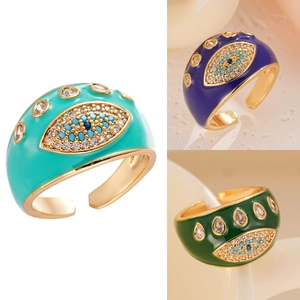 Evil Eye enamel open rings with 18K gold plating and sparkling zircon heart accents
